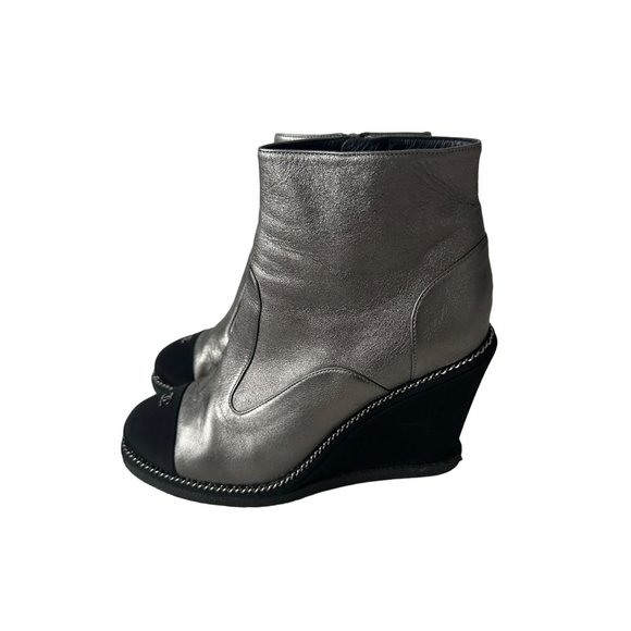 CHANEL Silver and Black Wedge Ankle Boots - Picture 3 of 15